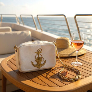 Vtg 1980's Vtg L.J. LJ Simone White & Gold Anchor Nautical Crossbody Bag Purse